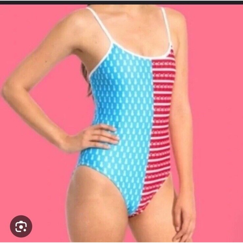 Chubbies Pineapple Flamingo Red Blue Athletic One Piece Swimsuit Size Large